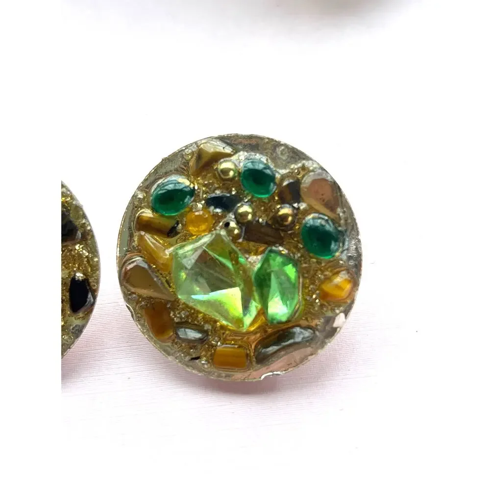 Vintage Big Button Gold Metallic & Green Crystals Earrings 1980